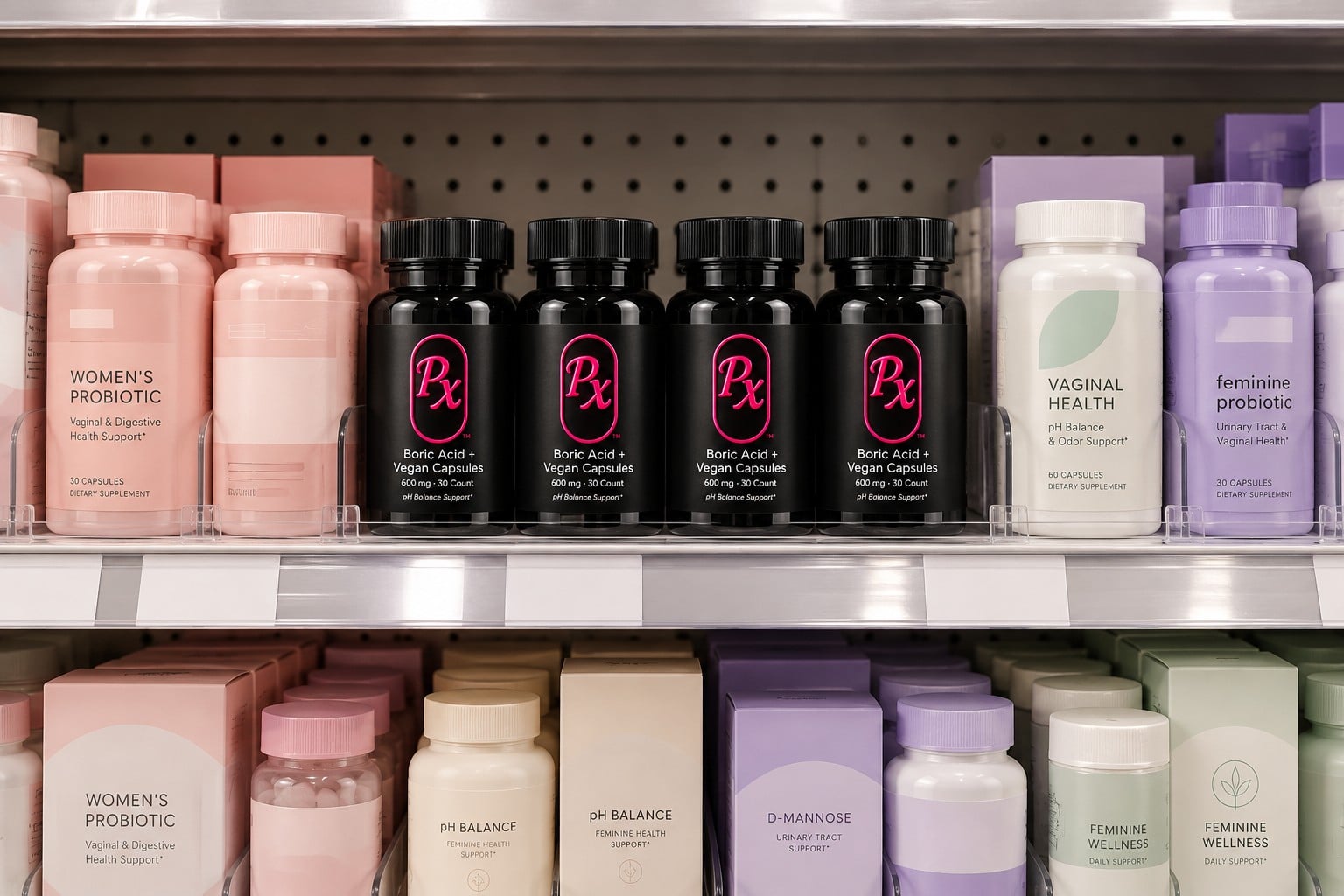 PX Pill displayed on a feminine wellness retail shelf