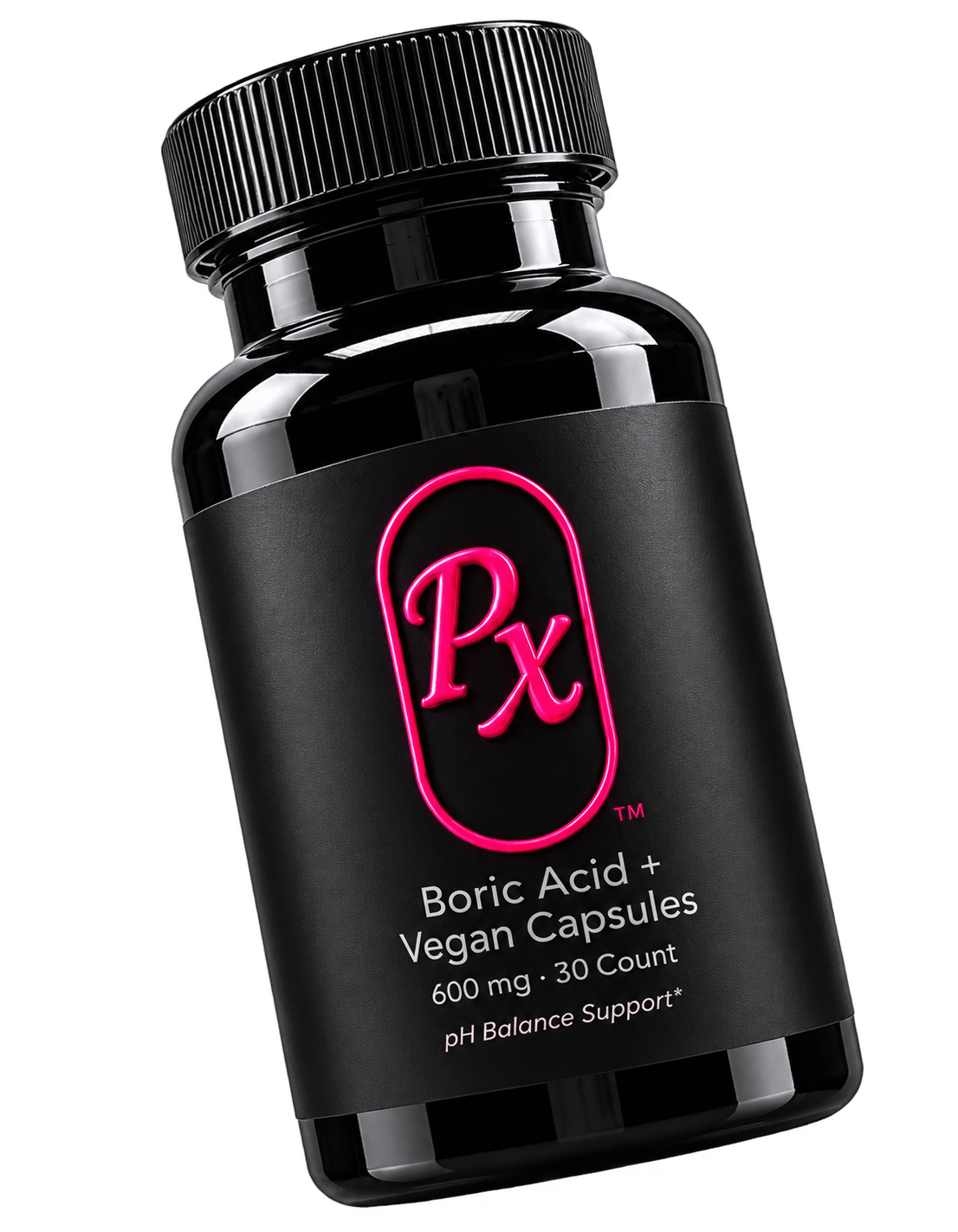 PX Pill glossy black bottle with pink PX monogram